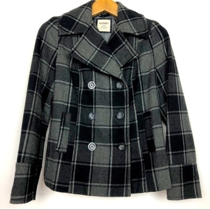 Old Navy Women’s Grey‎ Plaid Wool Blend Lined Peacoat Size Medium Two Pockets